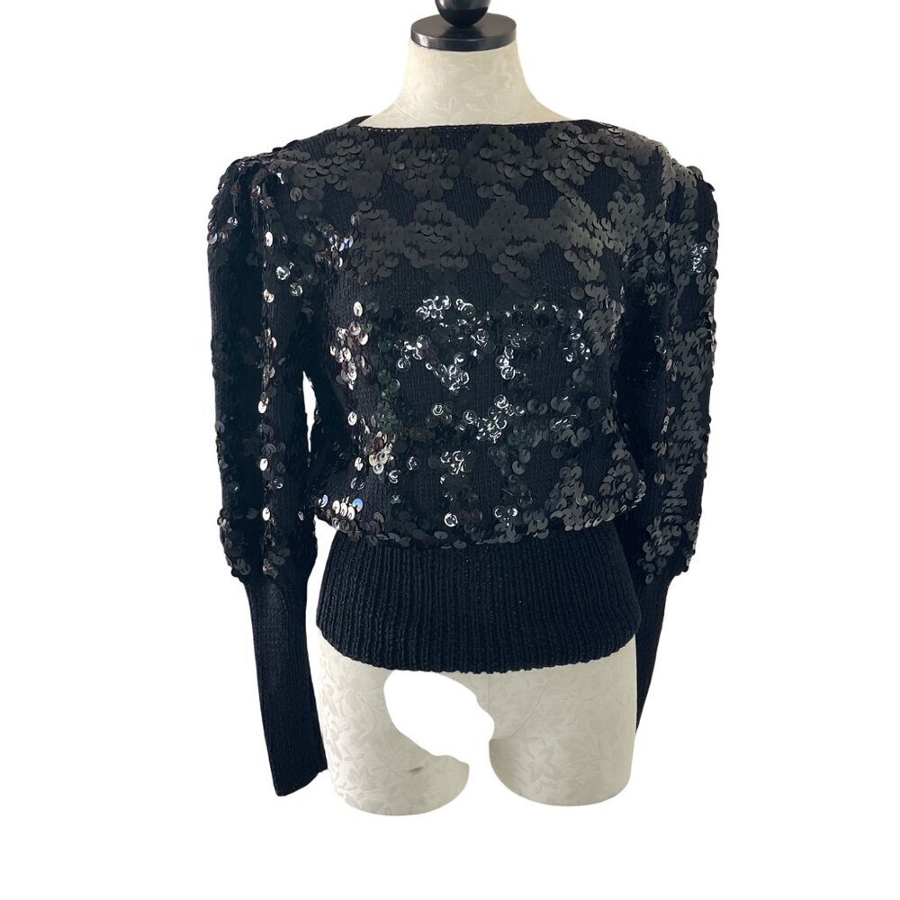 Vintage Womens Sweater Size Small Black Sequin Knit Dolman Sleeve Casual